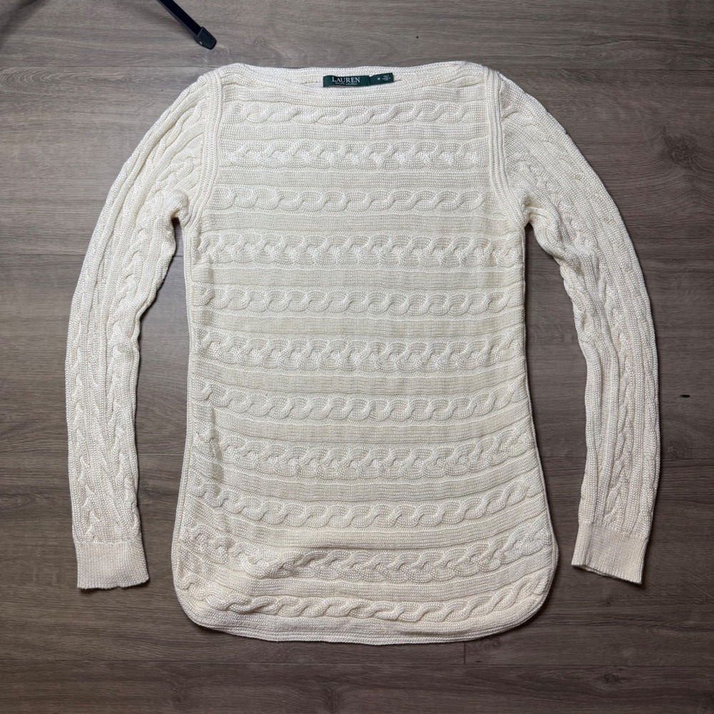 Lauren Ralph Lauren Sweater Womens Medium Cream Cable Knit Fishnet Cardigan